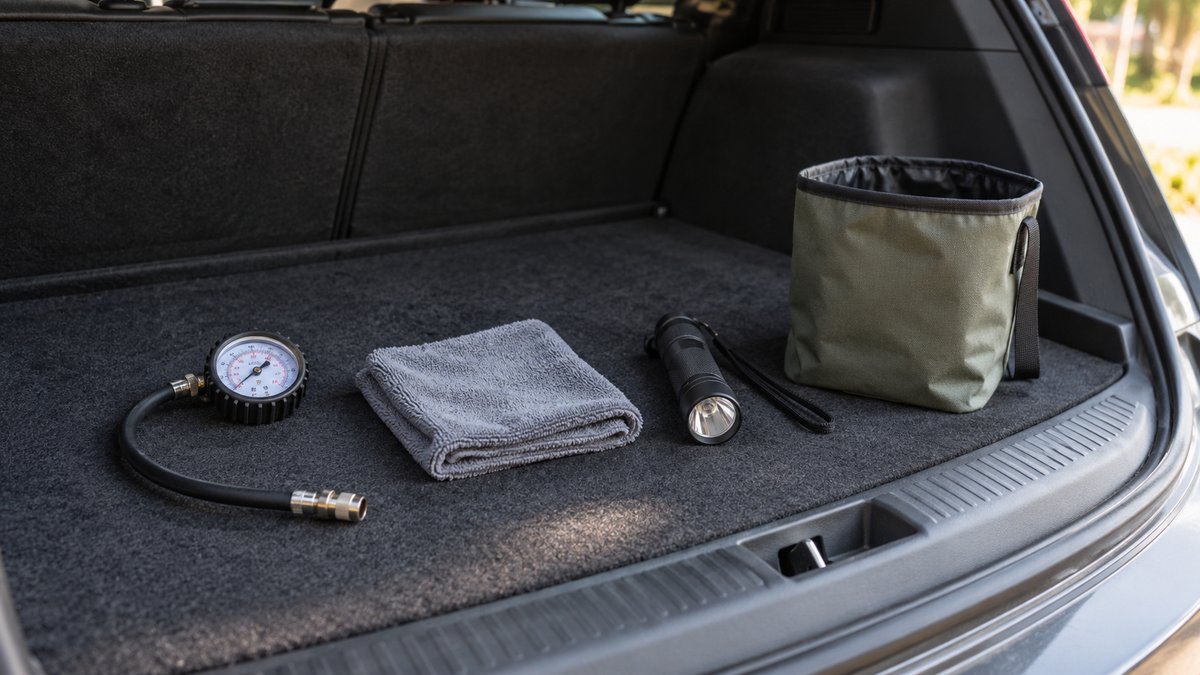 Tyre gauge, cloth, torch and litter pouch arranged on boot carpet