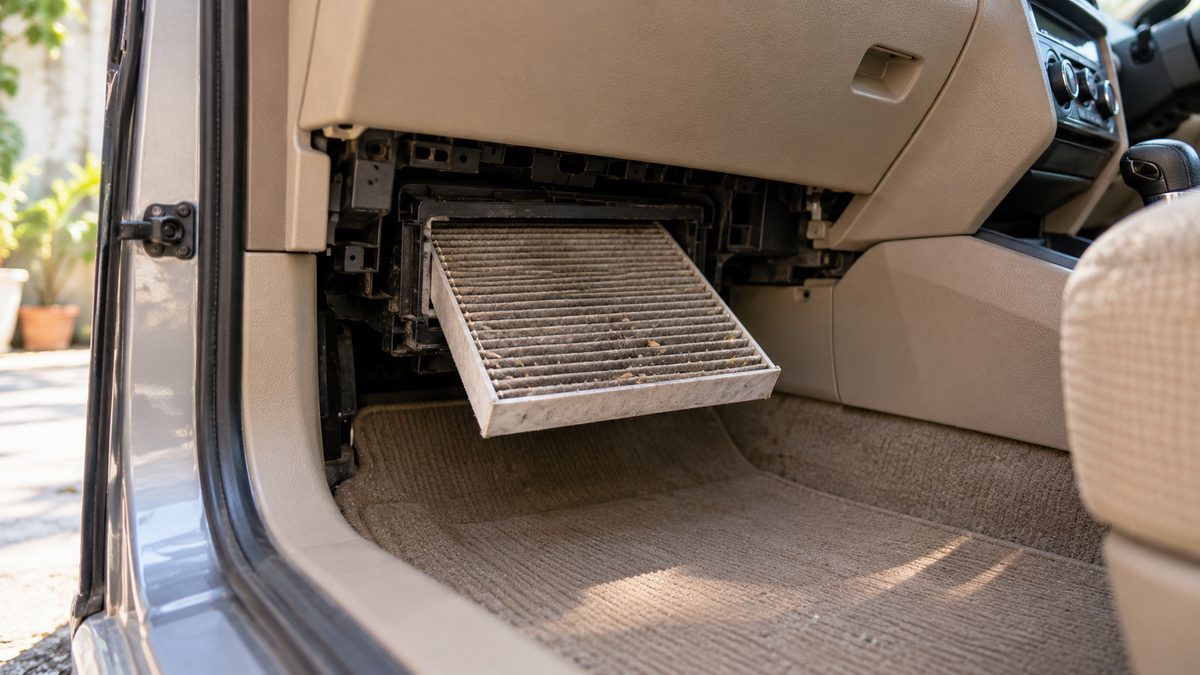 Dusty pleated cabin air filter pulled from its housing beneath a beige car glovebox in daylight.