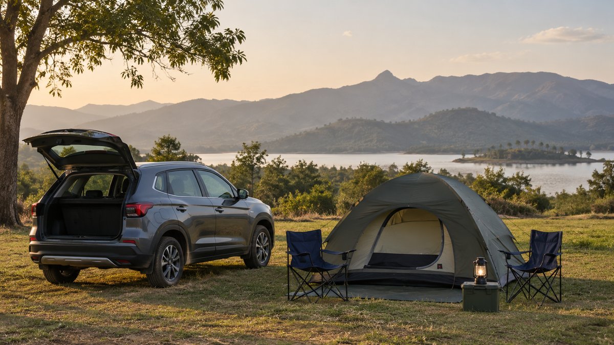 Car beside a ground tent with camping chairs and a lantern