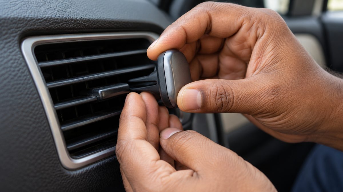 A hand removes a small fragrance clip from a plain air vent inside a parked compact car.