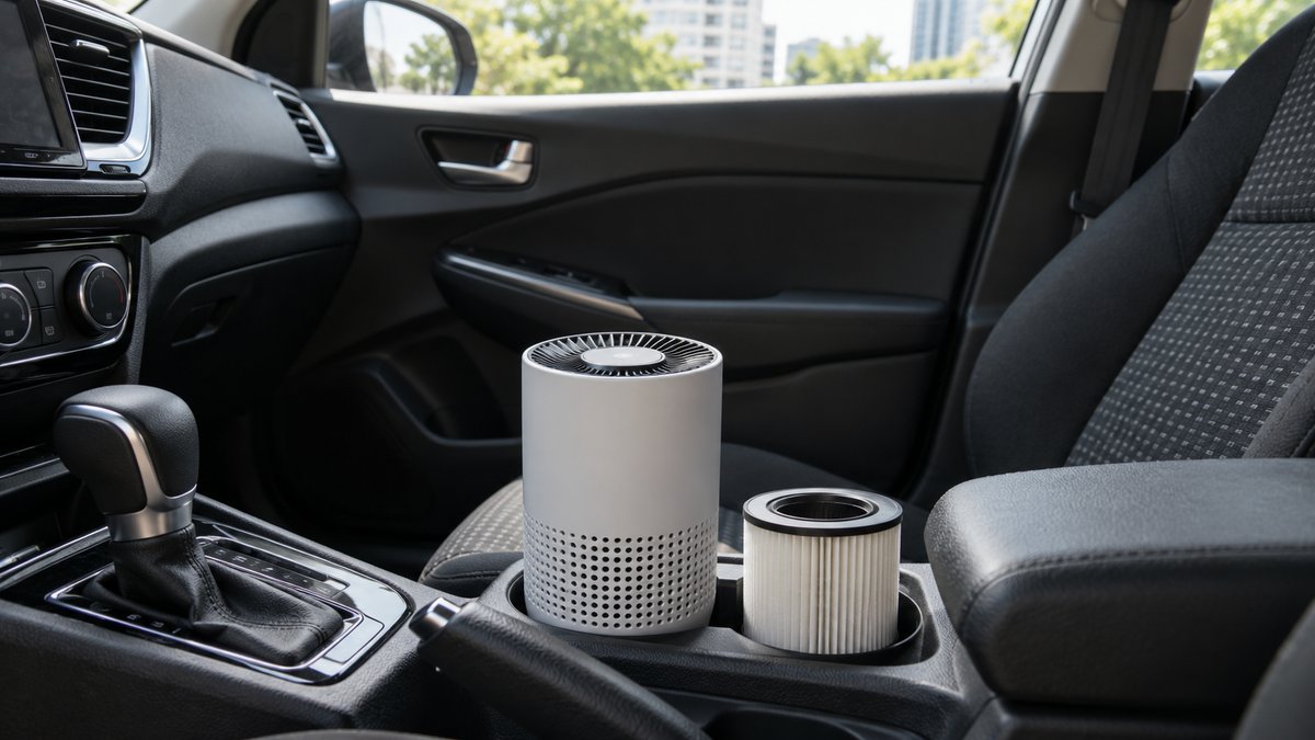 Cupholder air purifier and a spare pleated filter inside a car