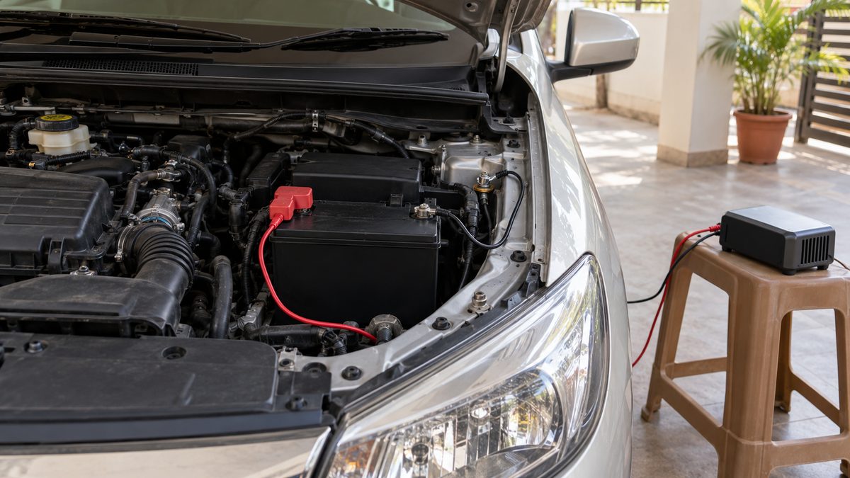 A plain battery charger beside an open car bonnet in a dry residential carport in India.
