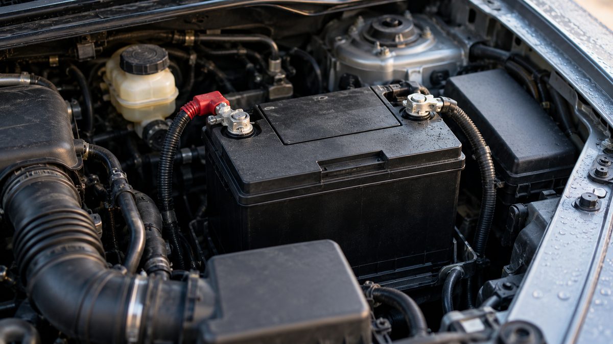 Plain black car battery with connected terminals and cables in a dew-covered engine bay on a cool morning.