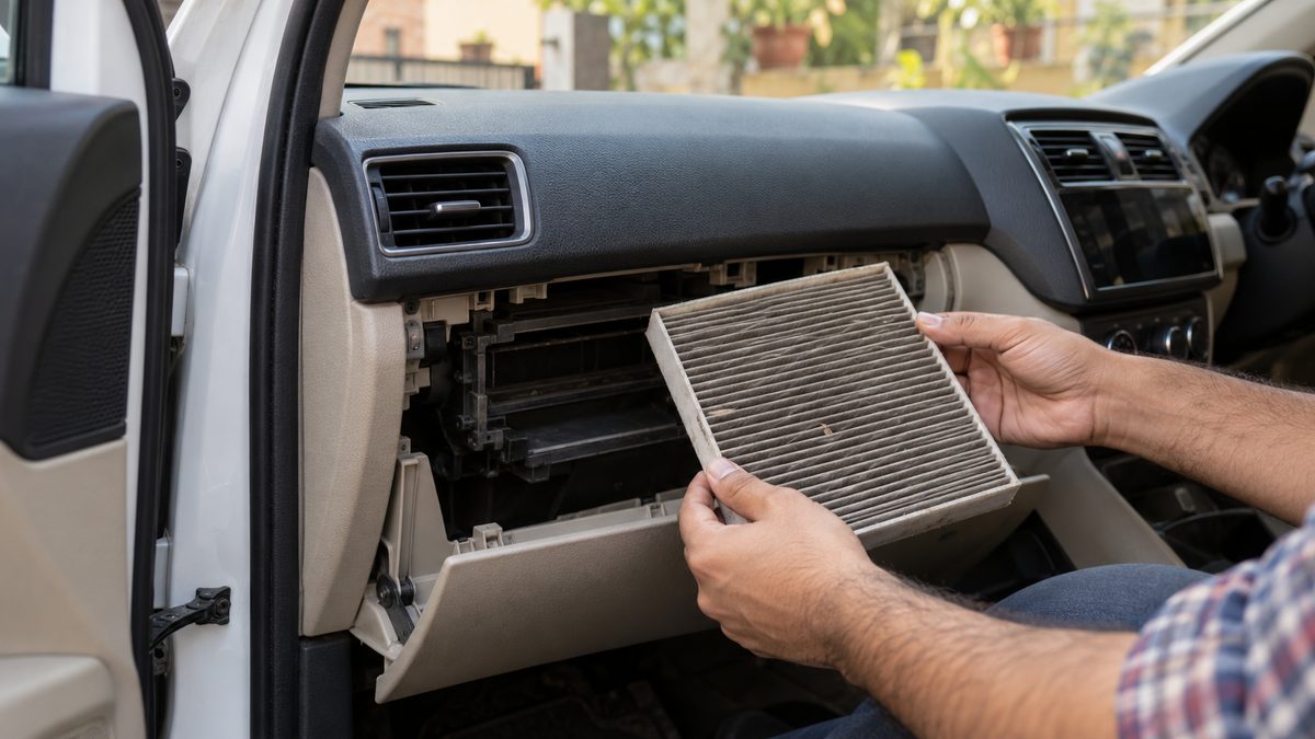 Hands inspecting a dusty cabin air filter beside the open glovebox of a parked right-hand-drive car.