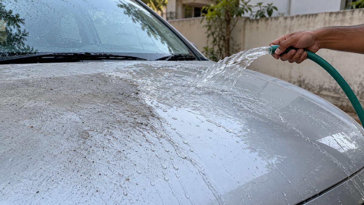 A hand holding a hose rinses grey dust from a silver car bonnet in an Indian residential courtyard.