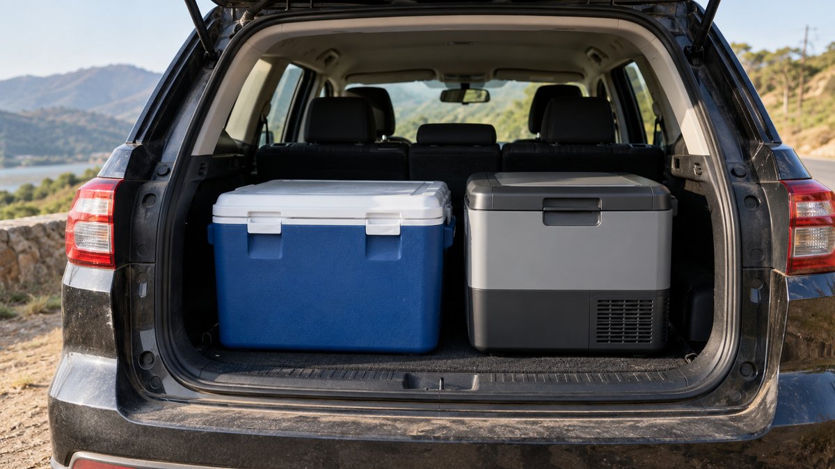Insulated cool box and portable fridge side by side in a car boot