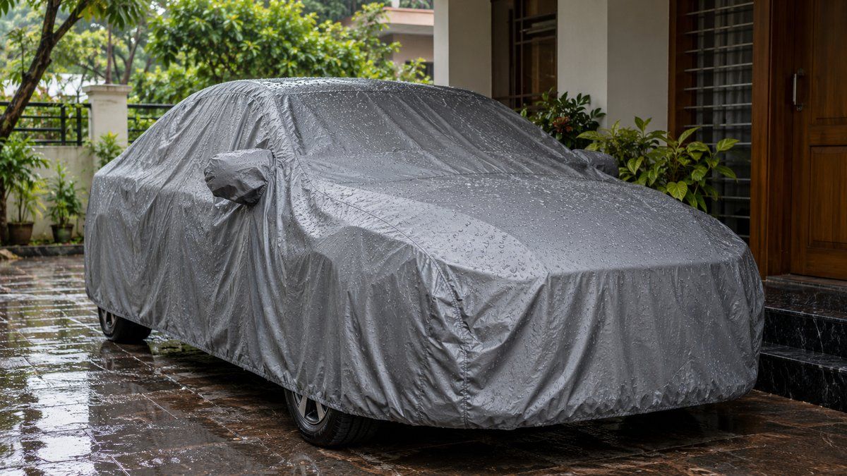 Rain droplets on a fitted grey car cover in a driveway