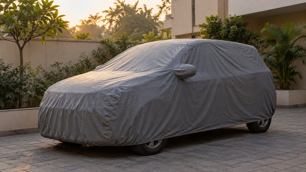 A fitted grey cover protecting a parked hatchback in an Indian residential courtyard at dawn.