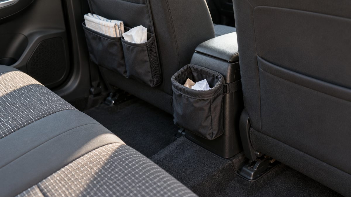 A compact rubbish bag and soft seat-back organiser keep a parked car’s rear cabin tidy.