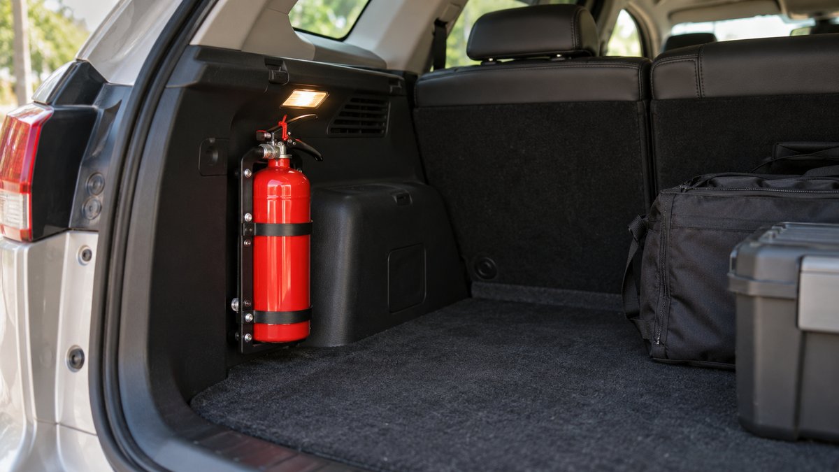 Compact fire extinguisher secured in a metal bracket in a car boot