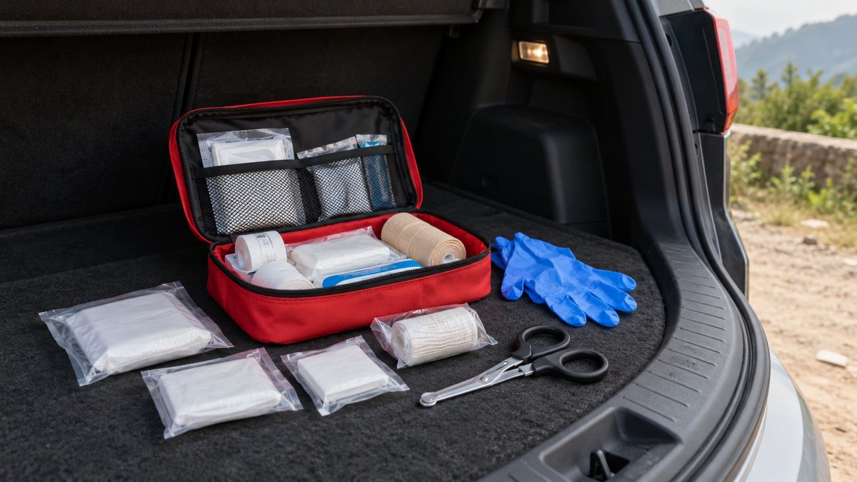 Open first aid pouch with wrapped dressings, gloves and scissors