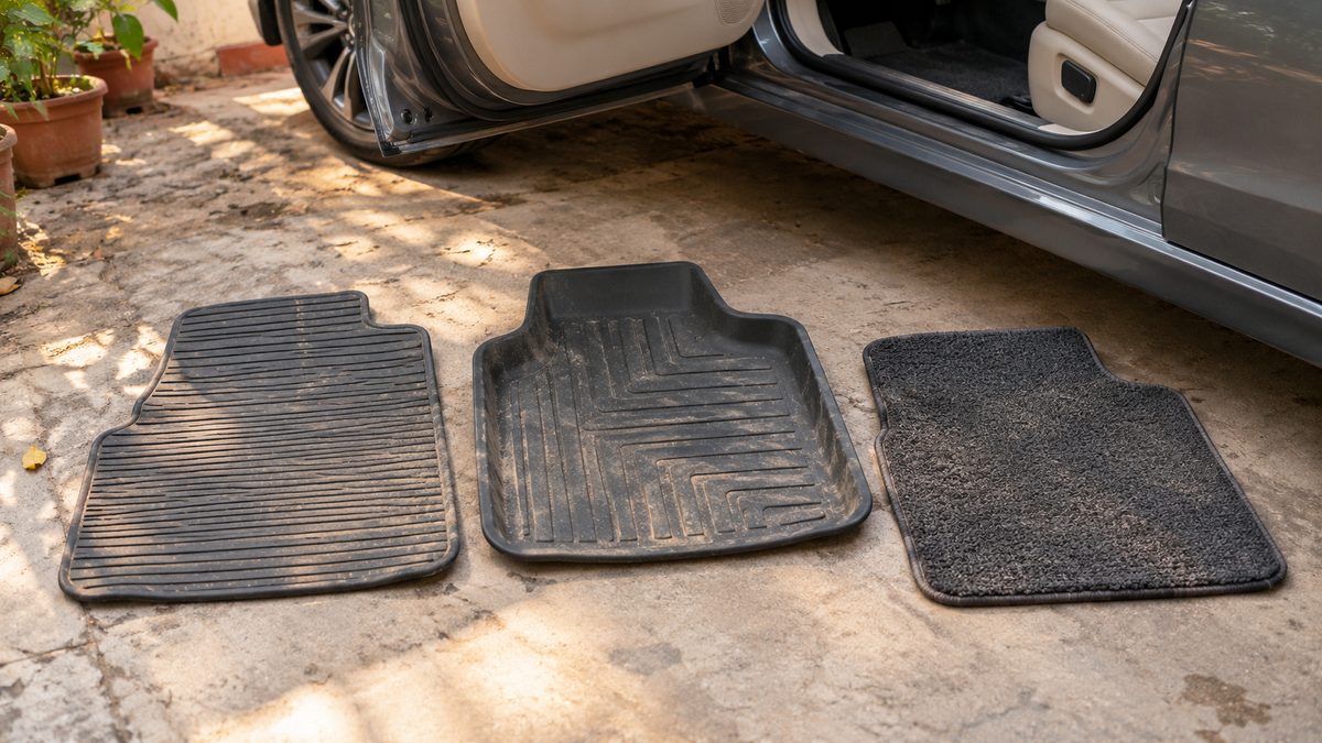 Rubber, raised-edge moulded and carpet car mats laid on a sunlit driveway beside an open car door.