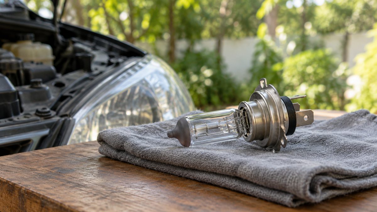 Unmarked halogen headlight bulb on a folded grey cloth beside a car with its bonnet open in daylight.