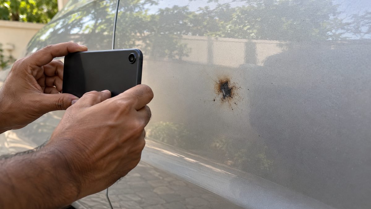 Hands holding a phone to photograph a small scorch mark on the side panel of a parked silver car.