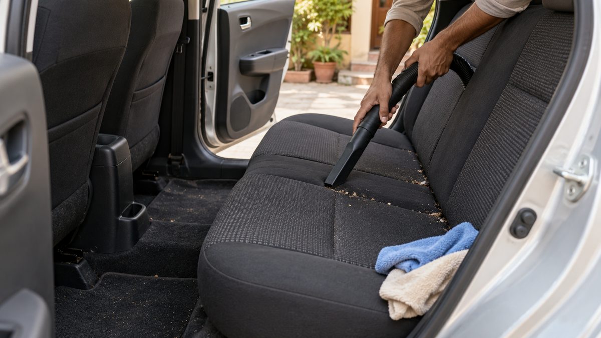 Hands using a vacuum nozzle to remove crumbs from a dark fabric rear car seat in an Indian courtyard.