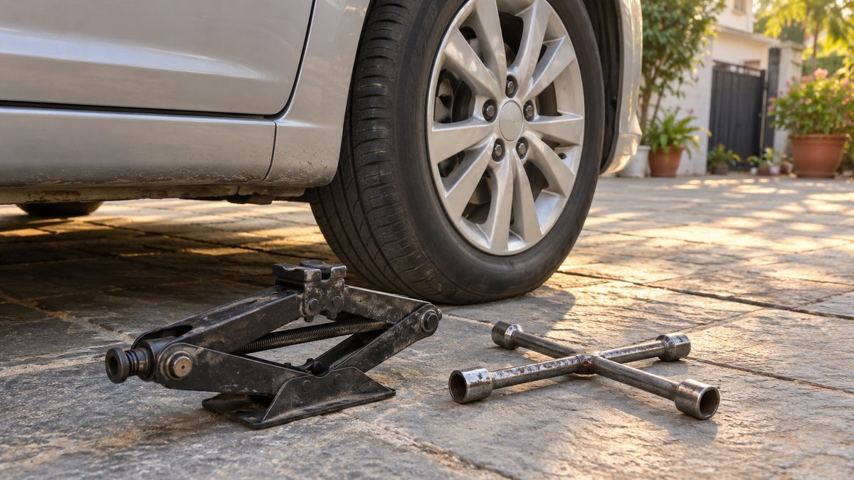 Steel scissor jack and cross-shaped wheel spanner beside a car wheel on a stone driveway in warm sunlight.