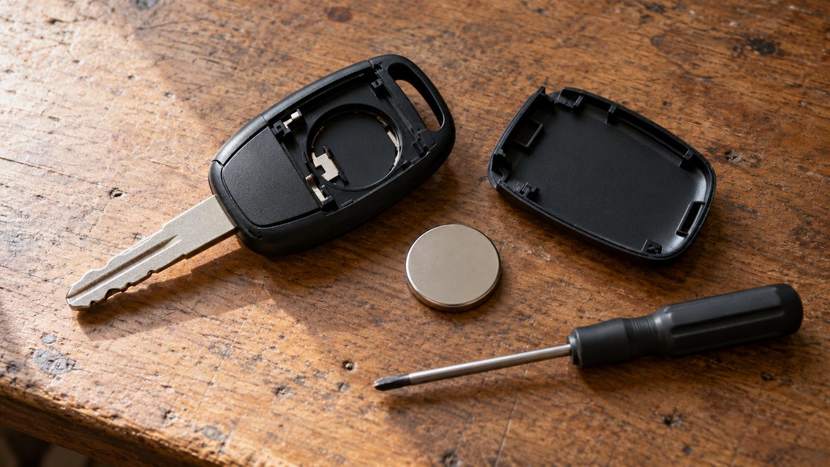 Opened black car key fob with its cover, a blank coin-cell battery and a small screwdriver on a wooden table.