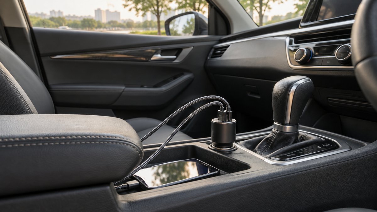 Compact car socket charger and a charging cable on a centre console