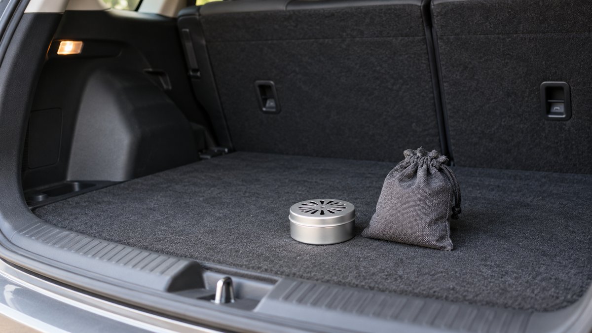 Closed fragrance tin and fabric odour absorber pouch on boot carpet
