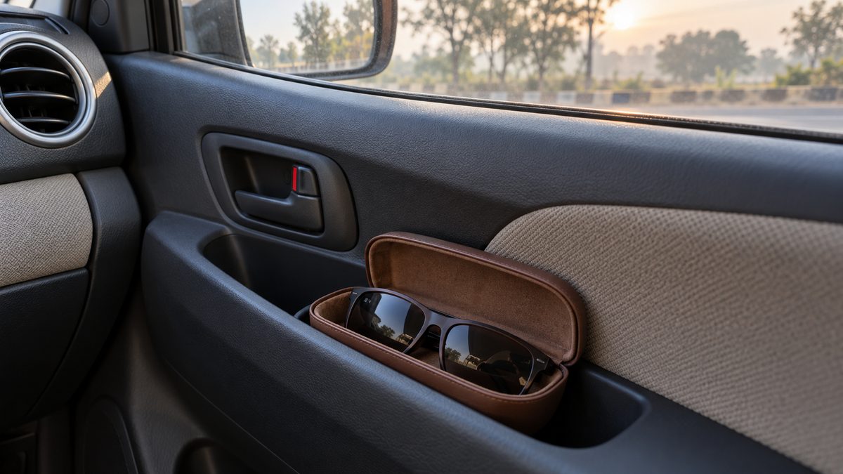 Sunglasses resting in a protective case in a car door compartment in warm morning light.