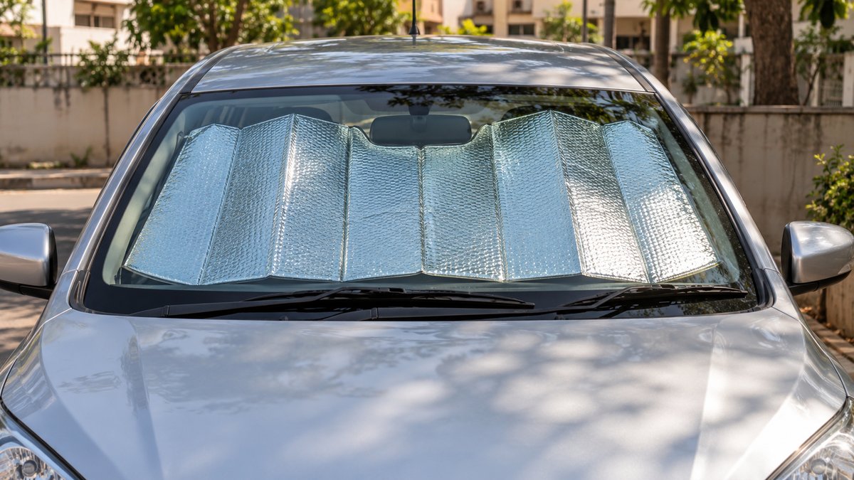 Reflective windscreen sunshade fitted inside a parked car