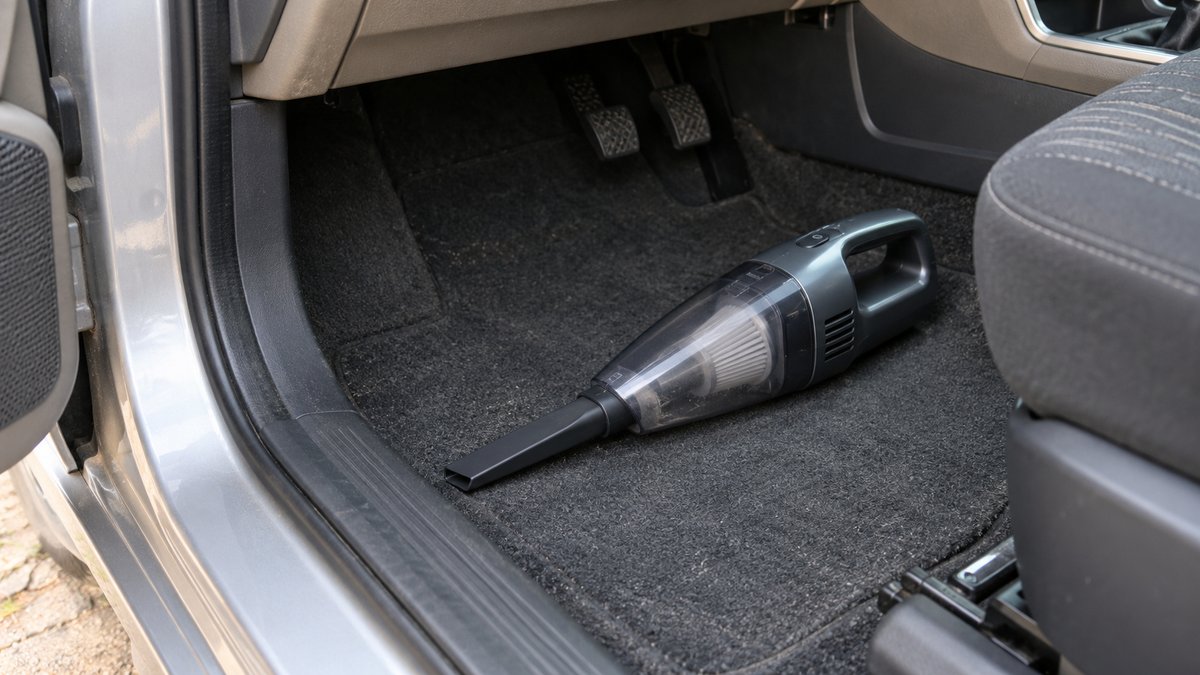 Compact vacuum cleaner and crevice nozzle in a car footwell