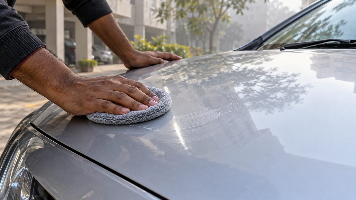 Hands apply wax with a microfibre pad to a silver car bonnet in a shaded Indian courtyard.