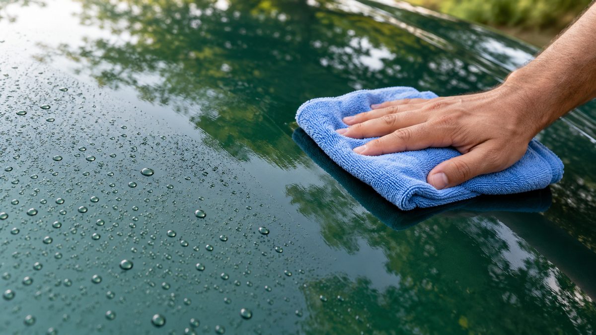 A hand buffs a dark green car bonnet with a blue microfibre cloth beside water beads and tree reflections.