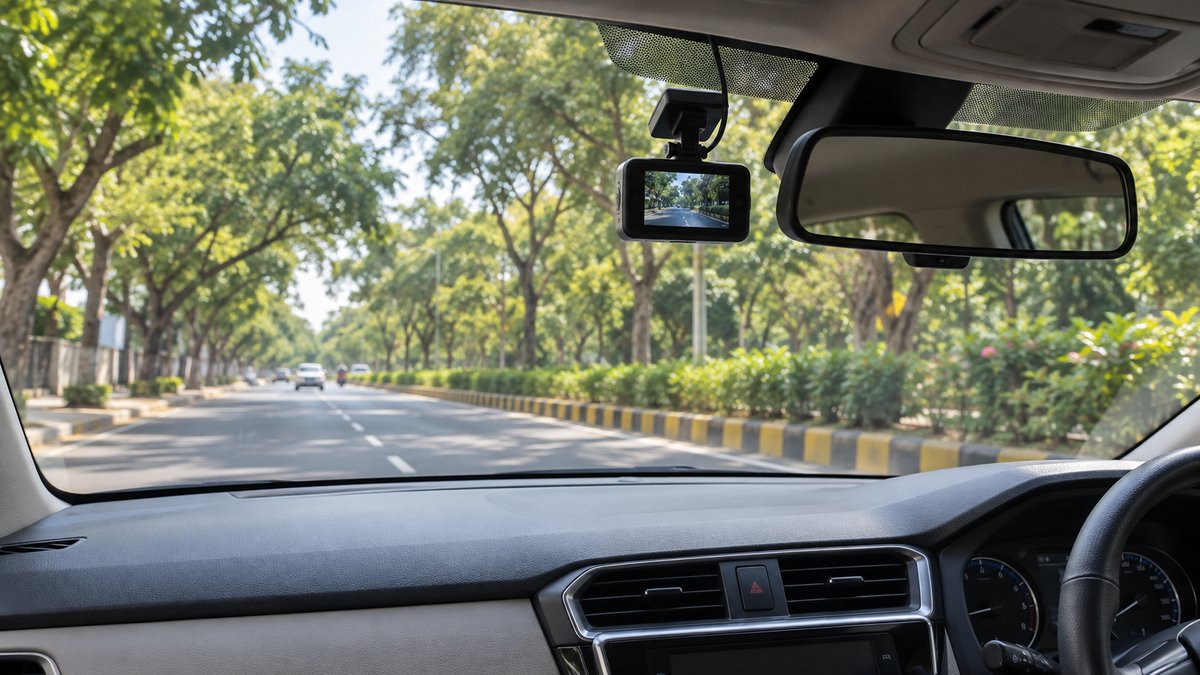 Compact dash camera mounted high beside a car rear-view mirror
