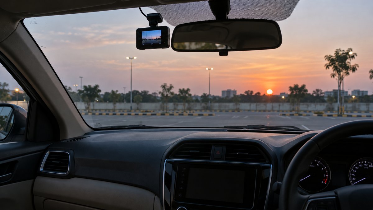 Dash camera inside a parked car overlooking an empty parking area at dusk