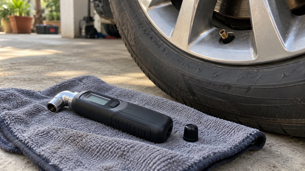 Handheld tyre pressure gauge beside a car wheel and valve cap