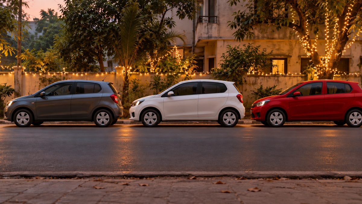 Three cars in a queue beside an Indian residential street decorated with warm Diwali lights.