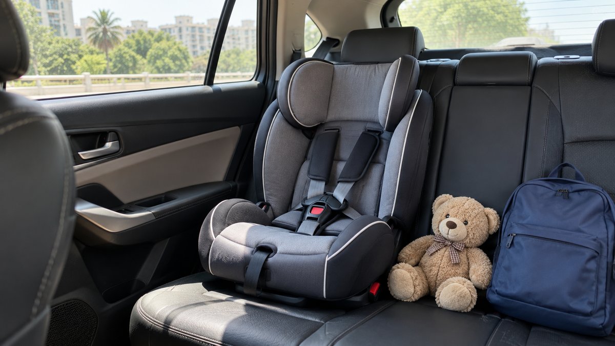 Child restraint on an empty rear seat with a small travel bag