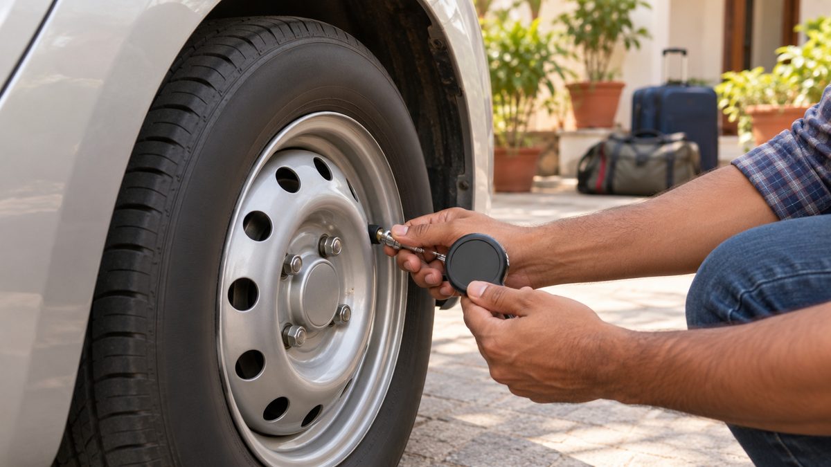 Hands checking a car tyre with a pressure gauge, with luggage waiting on a residential driveway.