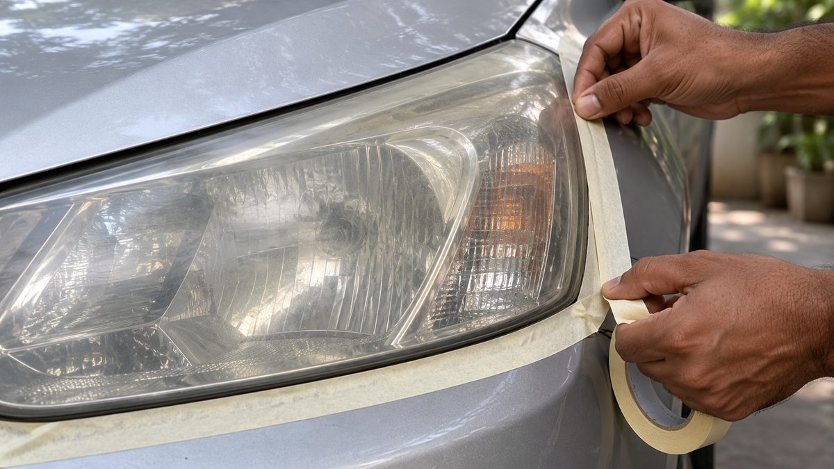 Hands mask the painted edge beside a cloudy headlight before working on the outer lens.