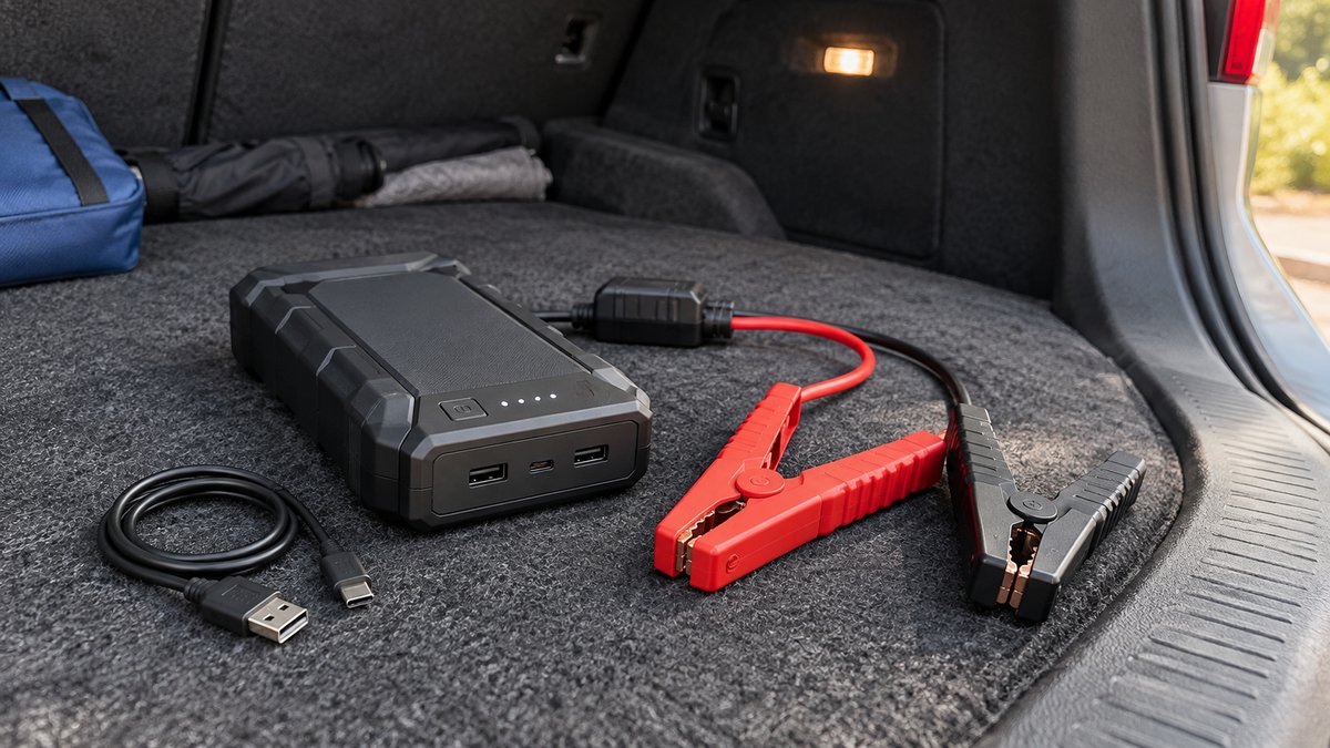Portable jump starter with insulated clamps and a charging cable