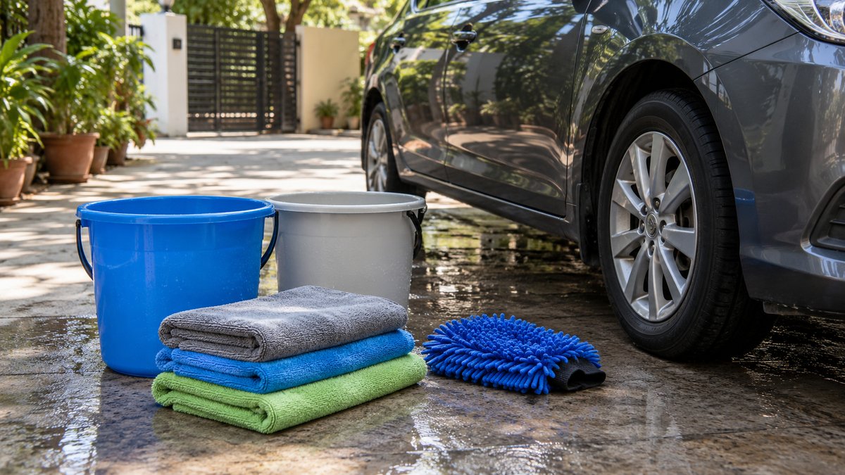 Microfibre towels, wash mitt and buckets ready on a shaded driveway
