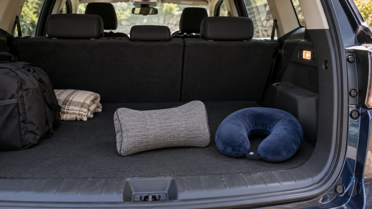 Lumbar cushion and travel neck pillow resting on boot carpet