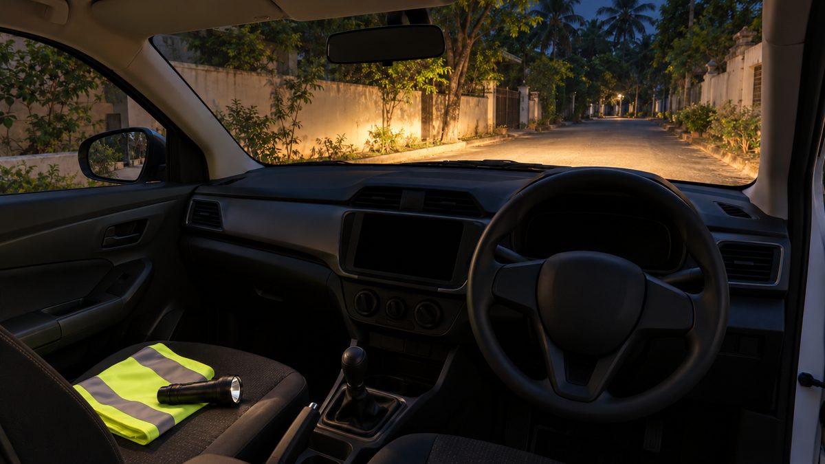 A clear windscreen facing a quiet Indian road at dusk, with a torch and reflective vest on the seat.