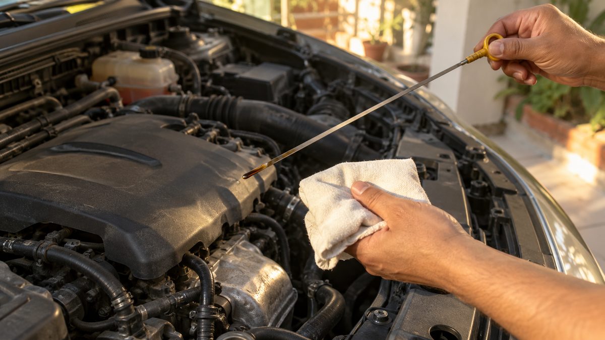 Hands hold an engine oil dipstick and a pale cloth above an open car engine bay in warm morning light.