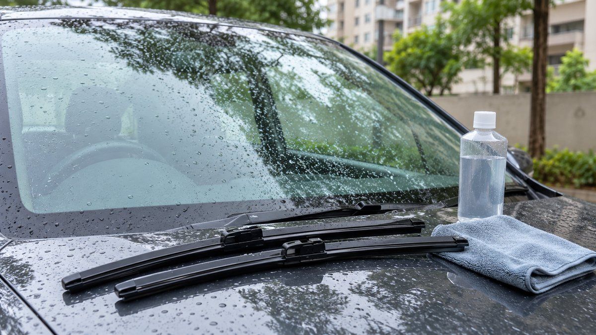 Replacement wiper blades and a plain glass treatment bottle beside a wet windscreen