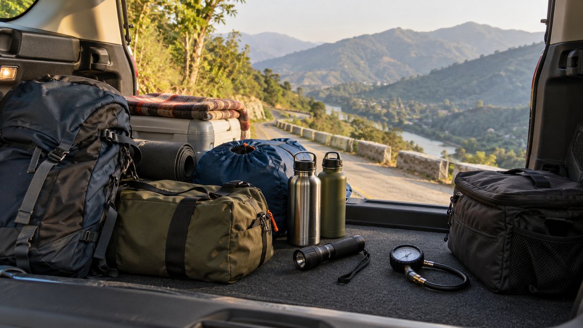 Soft luggage, water and roadside equipment packed for a road trip