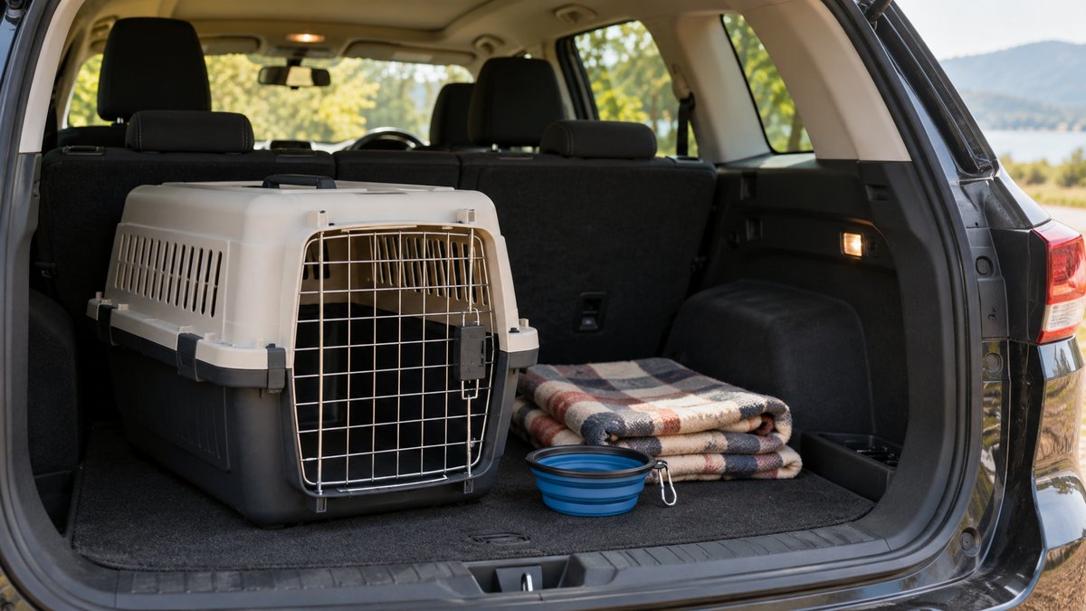 Pet travel carrier with a folded blanket and travel bowl in a car boot