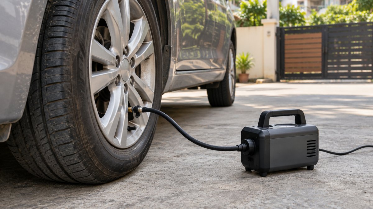 Portable tyre inflator connected to a car tyre on a driveway