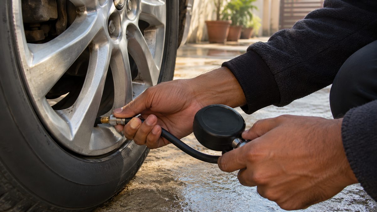 Hands checking a car tyre valve with a pressure gauge in an Indian courtyard on a cool morning.