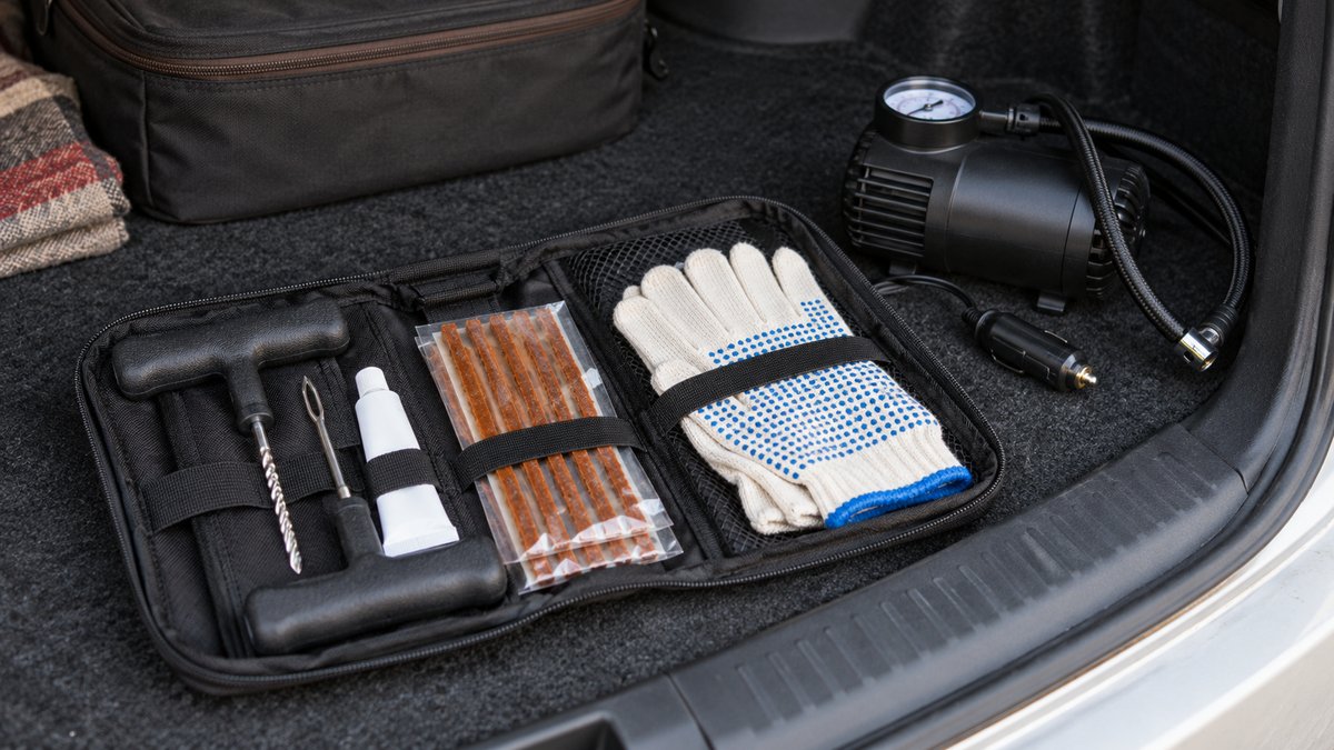 Puncture repair pouch with tools, sealed strips and an inflator
