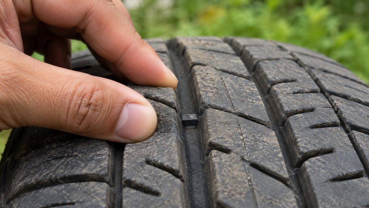 Fingertips inspect a wear bar between dusty tyre tread blocks with green roadside plants blurred behind.