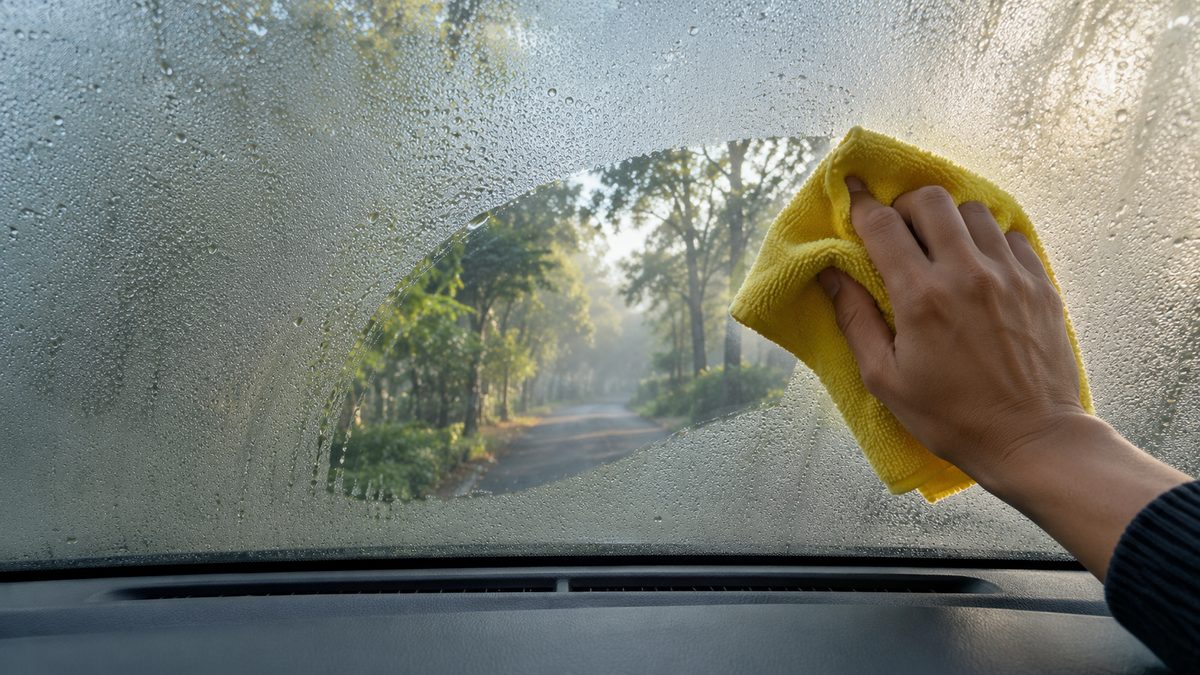 A hand wipes condensation from a windscreen with a yellow cloth, revealing a quiet tree-lined road outside.