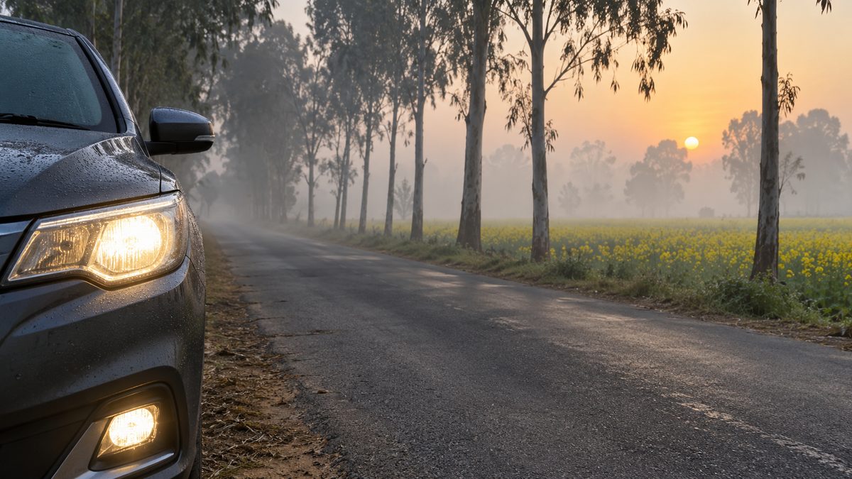 A car headlamp and low fog lamp glow beside a misty rural road lined with eucalyptus trees and mustard fields.