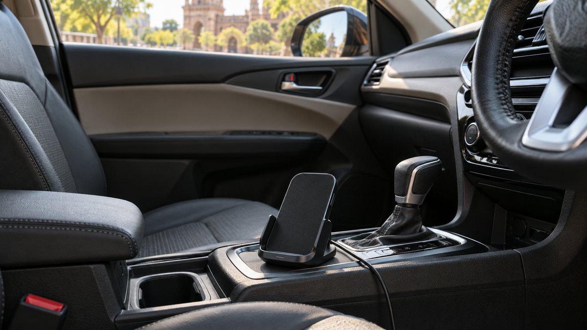 Wireless charging cradle with a cable in a parked car centre console